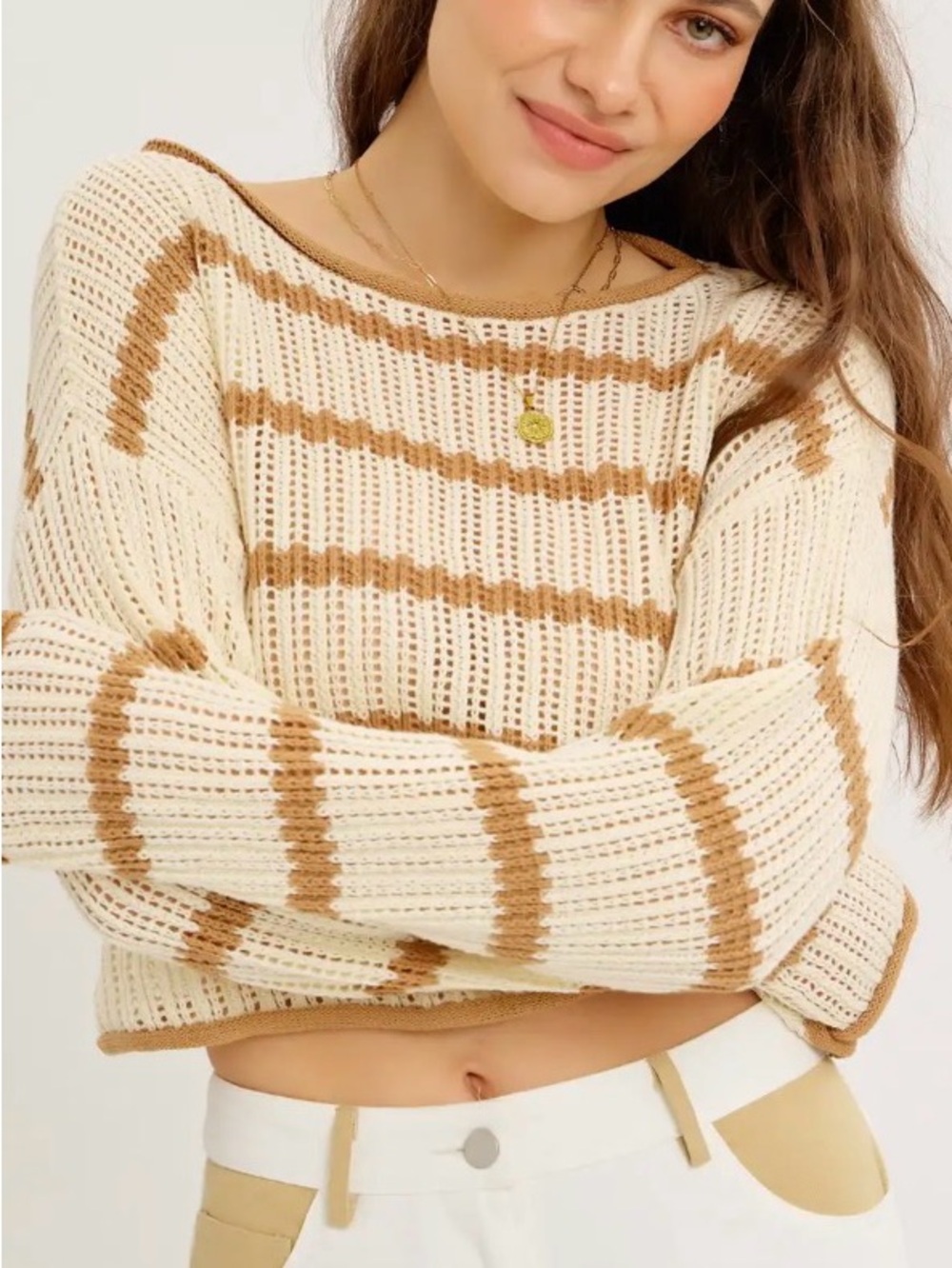 IDEM DITTO Stripe Open Knit Cotton Sweater Top Relaxed Fit Cropped NWT